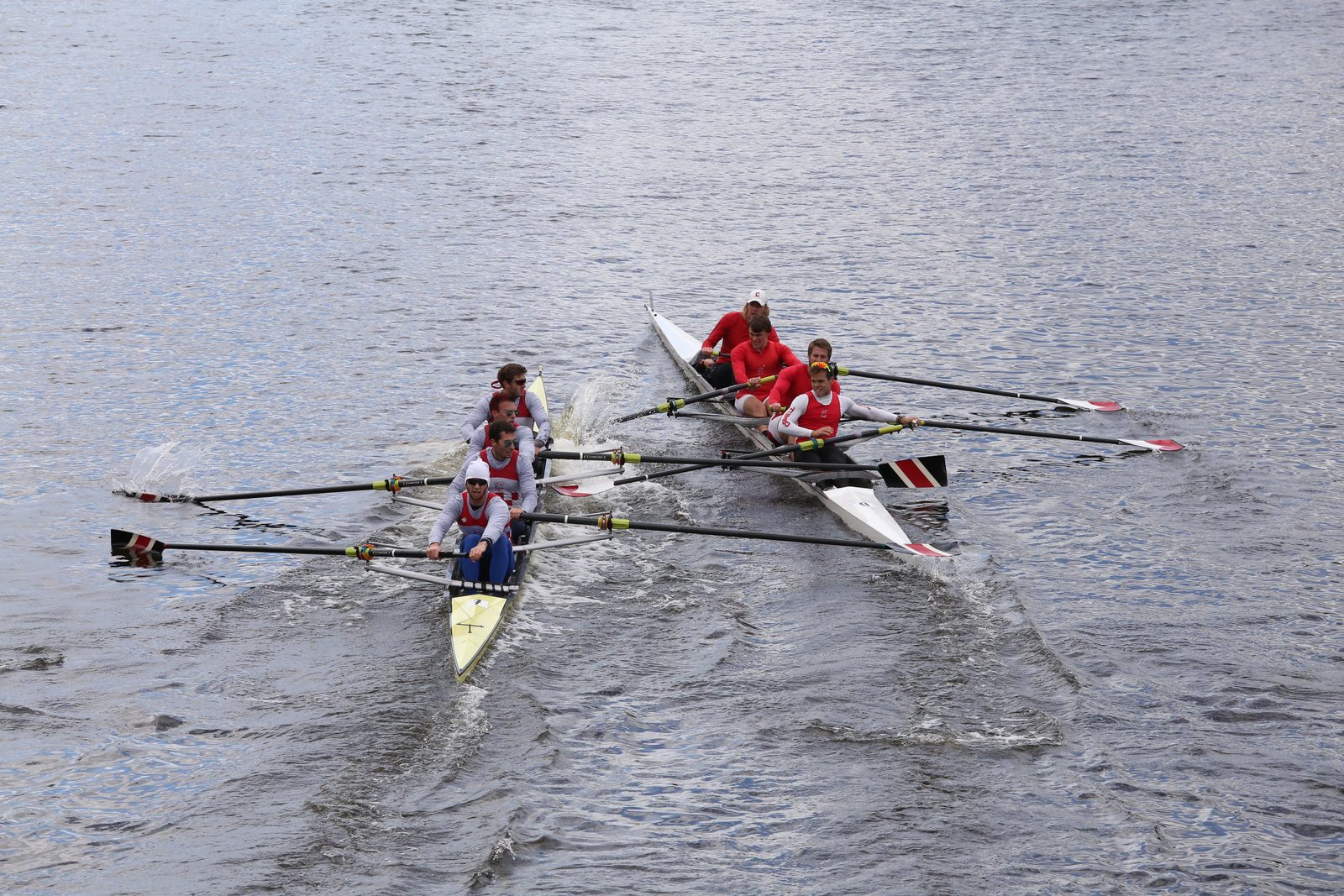 Two rowing crews, oars crossed and out of sync